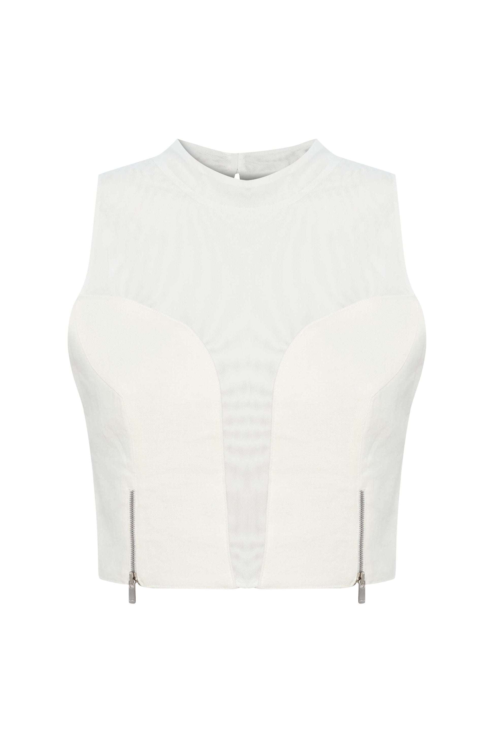 JENDUE Serena Linen Crop Top — White, Sheer