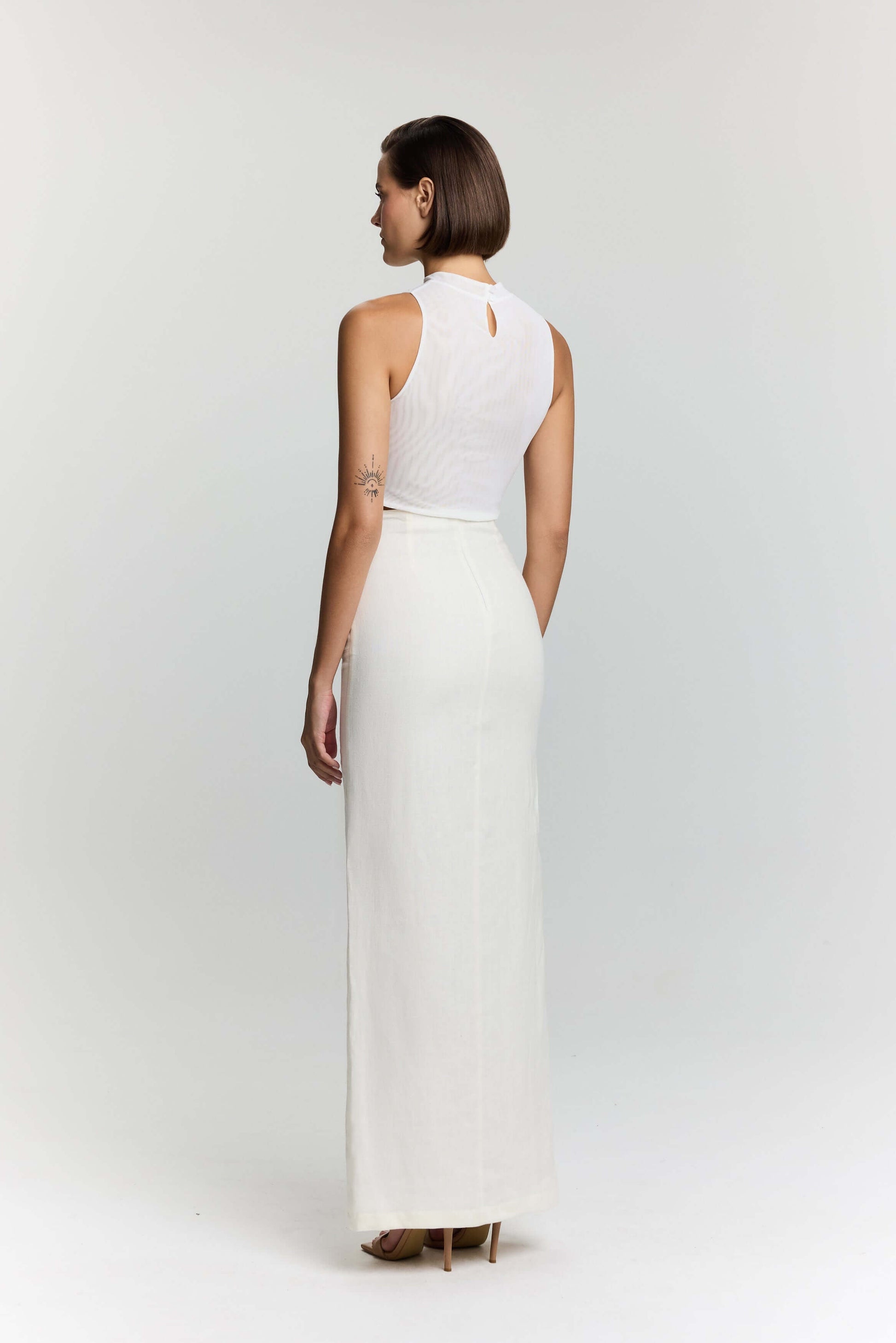 JENDUE Serena Linen Crop Top — White, Sheer