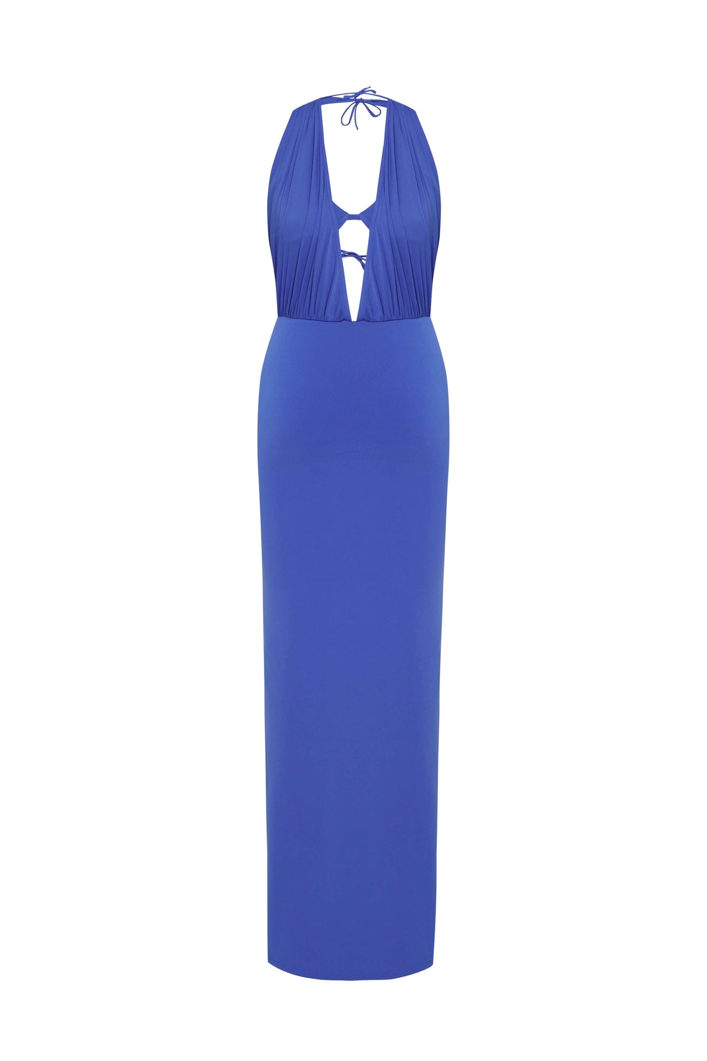 JENDUE Siena Denim Maxi Dress - Elegant Halter Neck Cut-Out