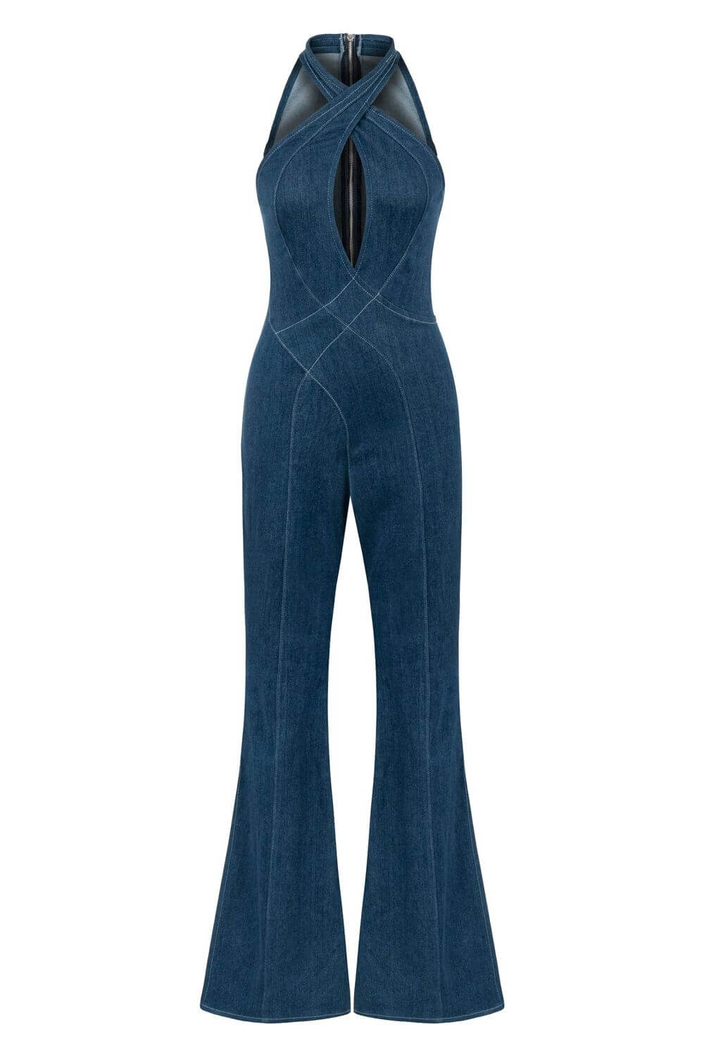 JENDUE Sosa Maxi Denim Jumpsuit - Halter Neck & Flare Leg