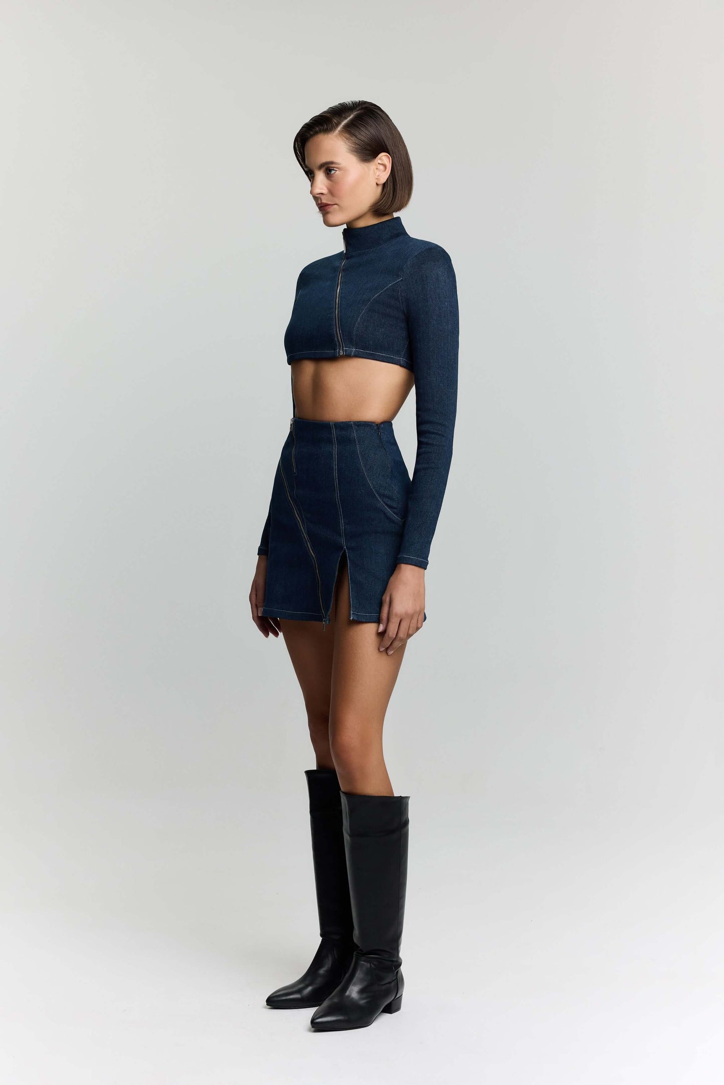 JENDUE Spin Denim Jacket - Cropped, Asymmetrical Zip Top