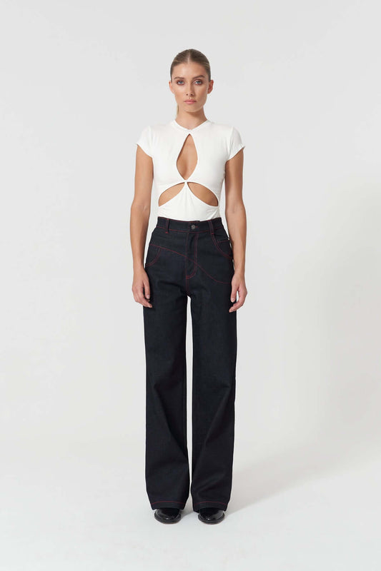 JENDUE Stella Denim T-Shirt - White Cut-Out Top