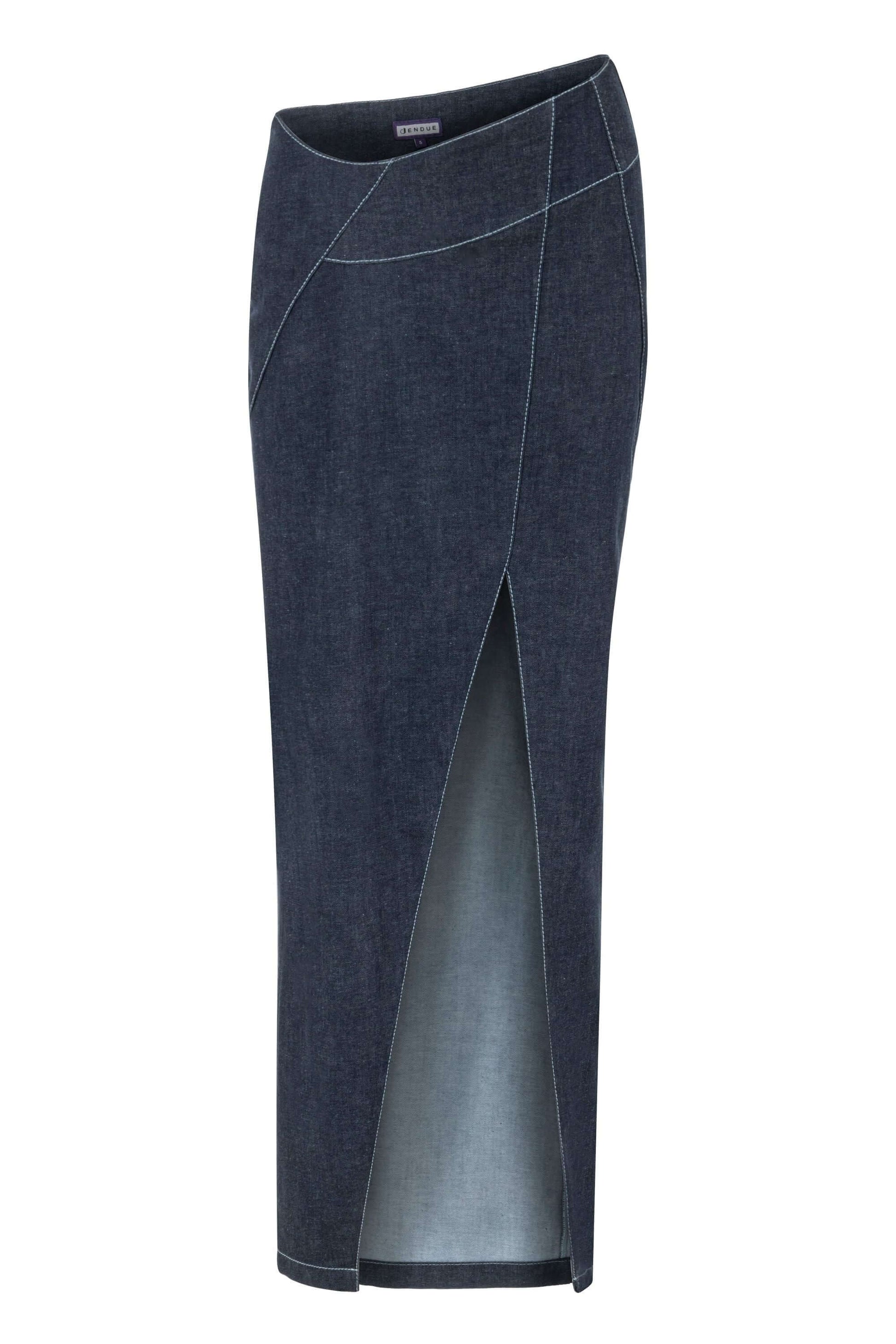 JENDUE Vonk Asymmetric Denim Skirt - Stylish High-Slit Midi