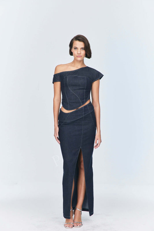 JENDUE Vonk Asymmetric Denim Skirt - Stylish High-Slit Midi