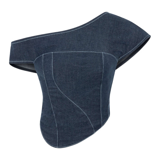 JENDUE Vonk Asymmetric Denim Top | Off-Shoulder Corset