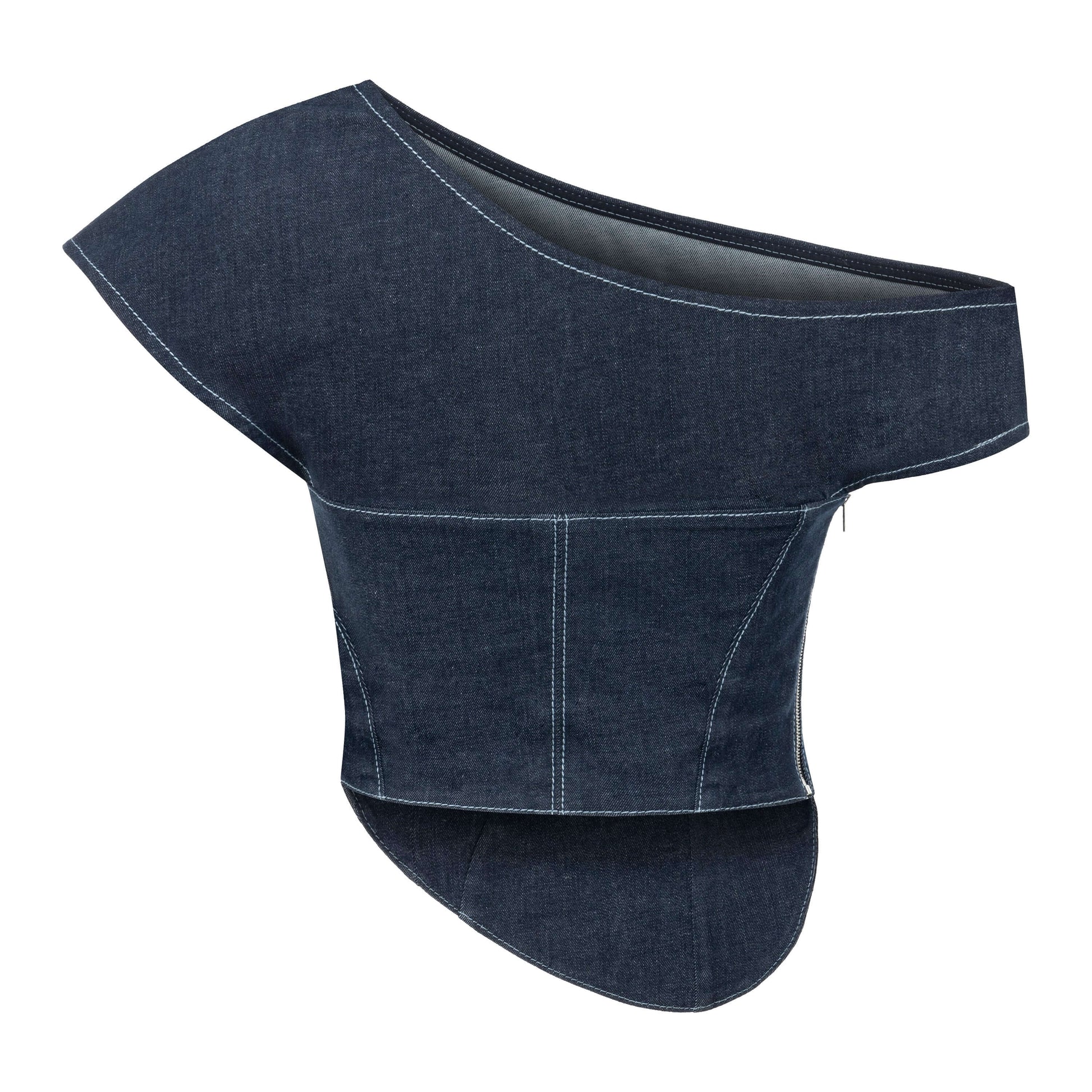 JENDUE Vonk Asymmetric Denim Top | Off-Shoulder Corset