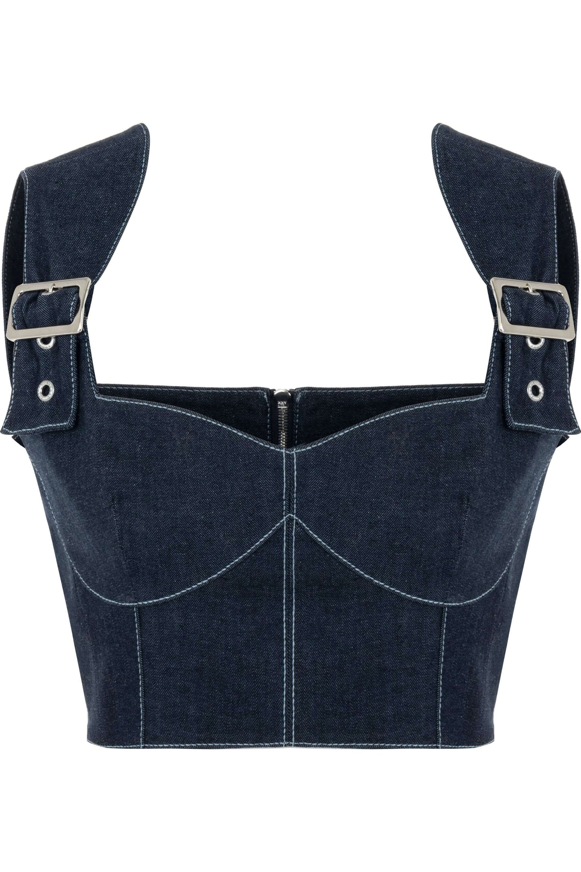 JENDUE Vonk Belted Denim Top | Stylish Jean Crop Top