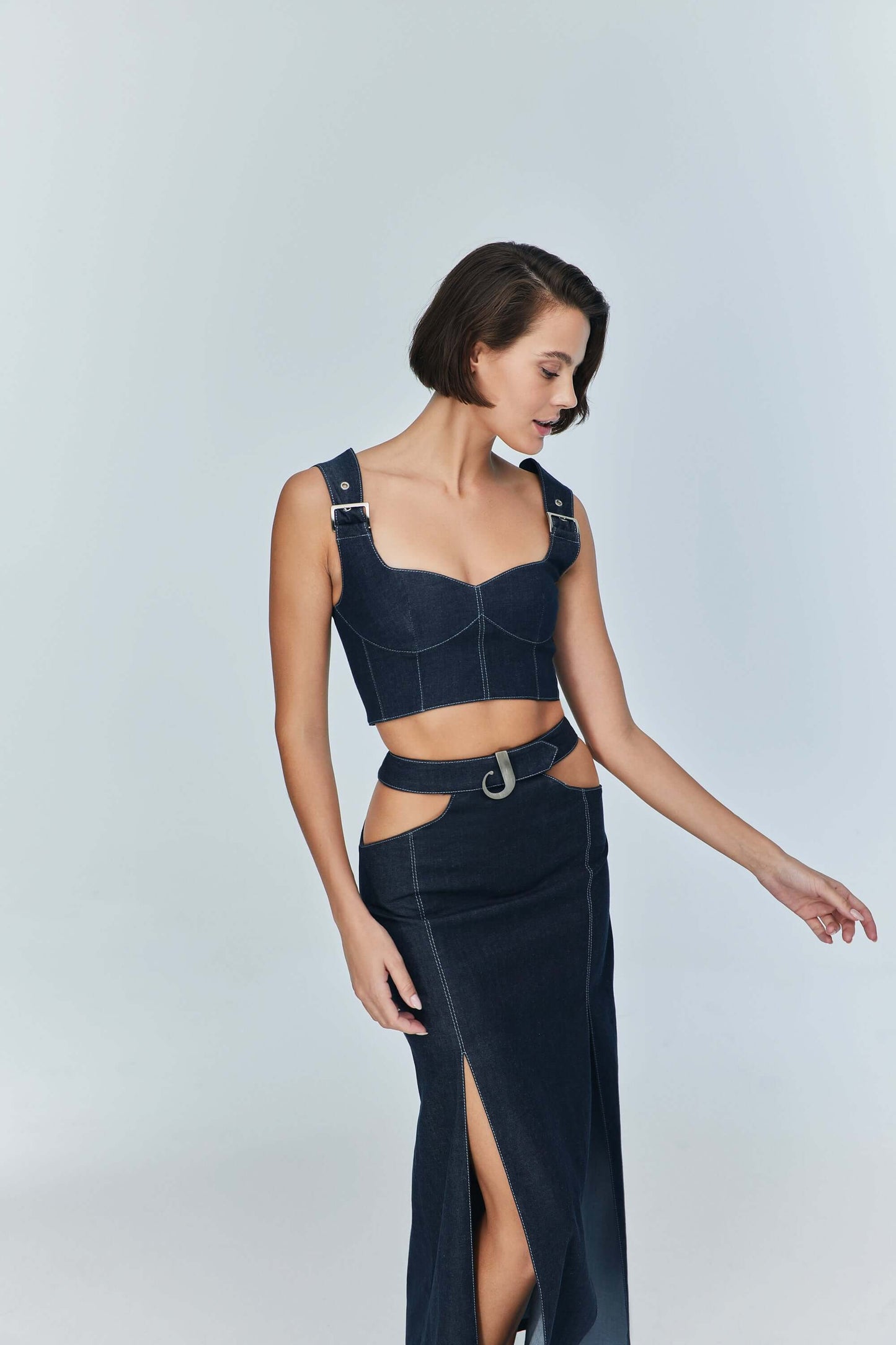 JENDUE Vonk Belted Denim Top | Stylish Jean Crop Top