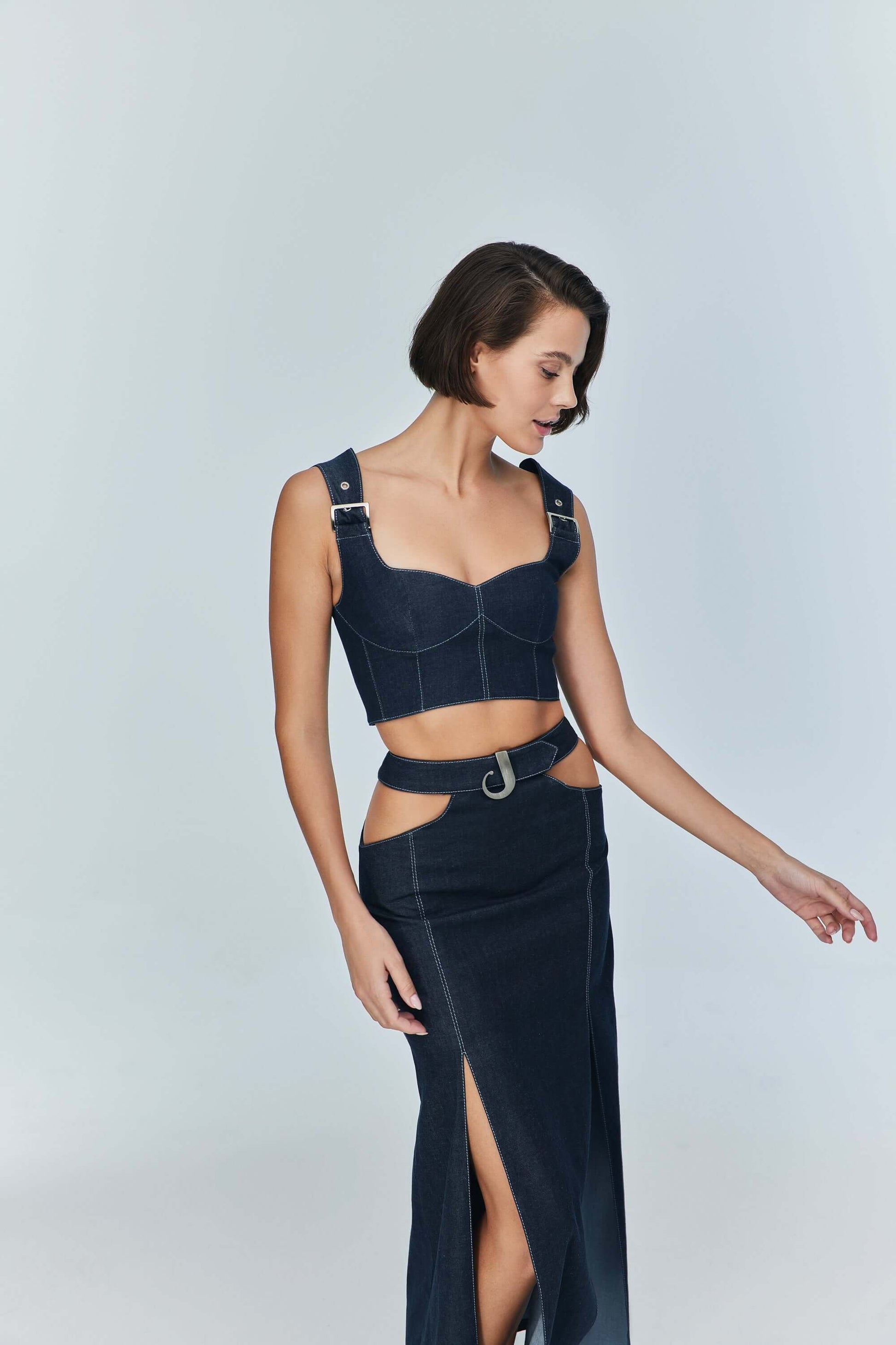 JENDUE Vonk Belted Denim Top | Stylish Jean Crop Top