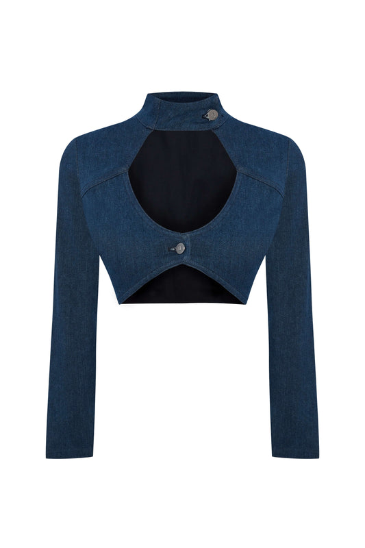 JENDUE Whispers Denim Crop Top - Unique Cutout Design