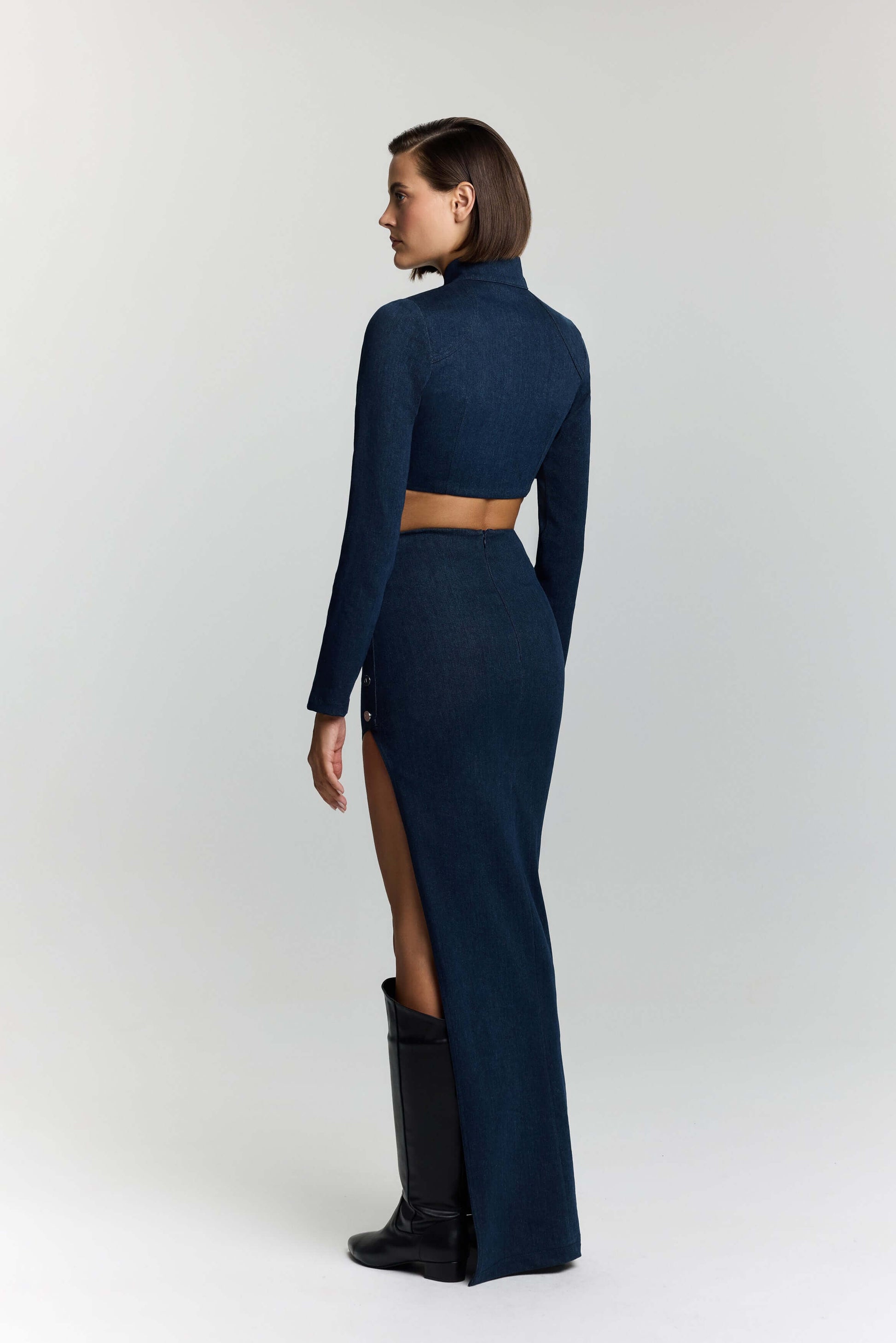 JENDUE Whispers Denim Skirt - High-Waisted Maxi with Slit