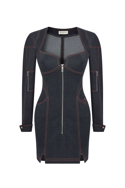 JENDUE Zeitgeist Denim Dress - Long Sleeve Jean Mini Dress