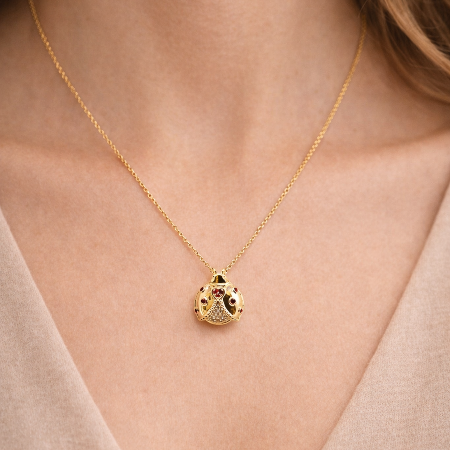 Lady Bug Pendant Necklace in 14K Gold with Rubies & Diamonds