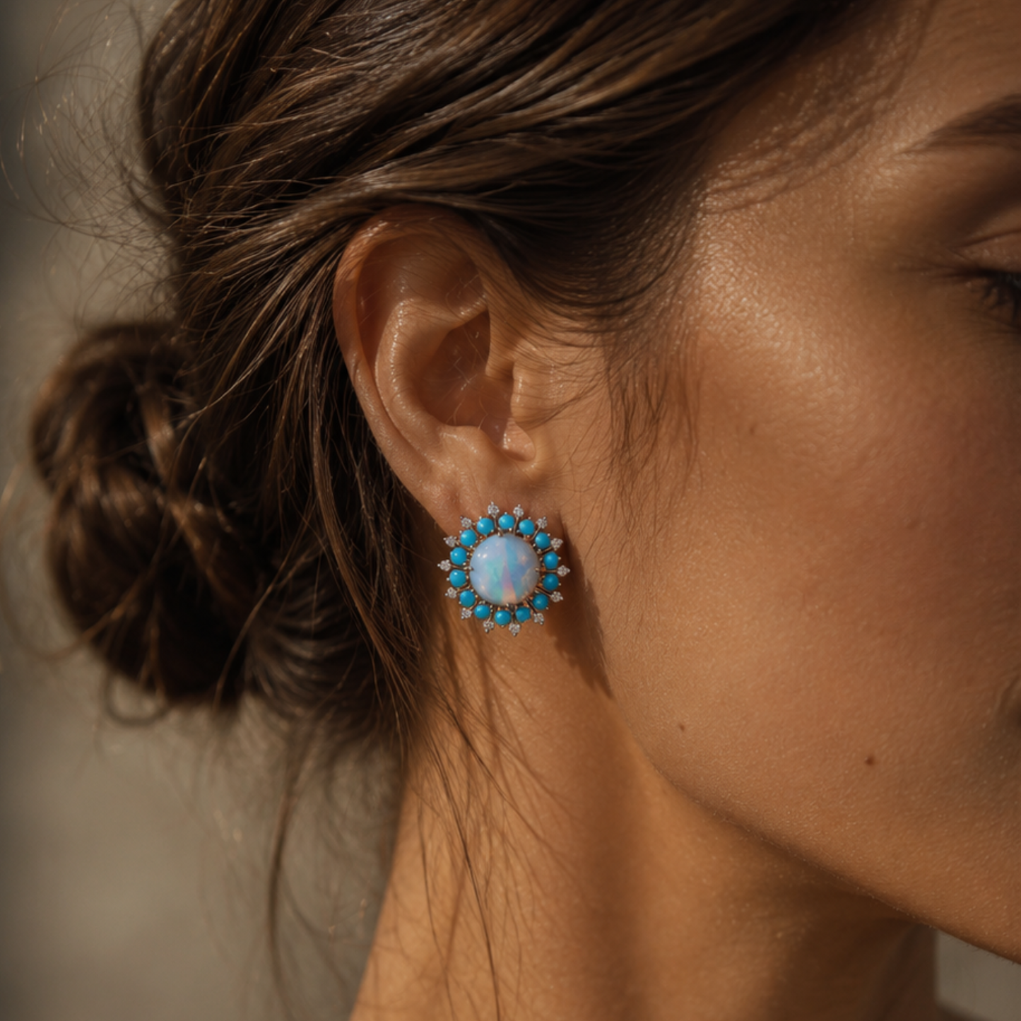 14K Gold Turquoise Halo Stud Earrings