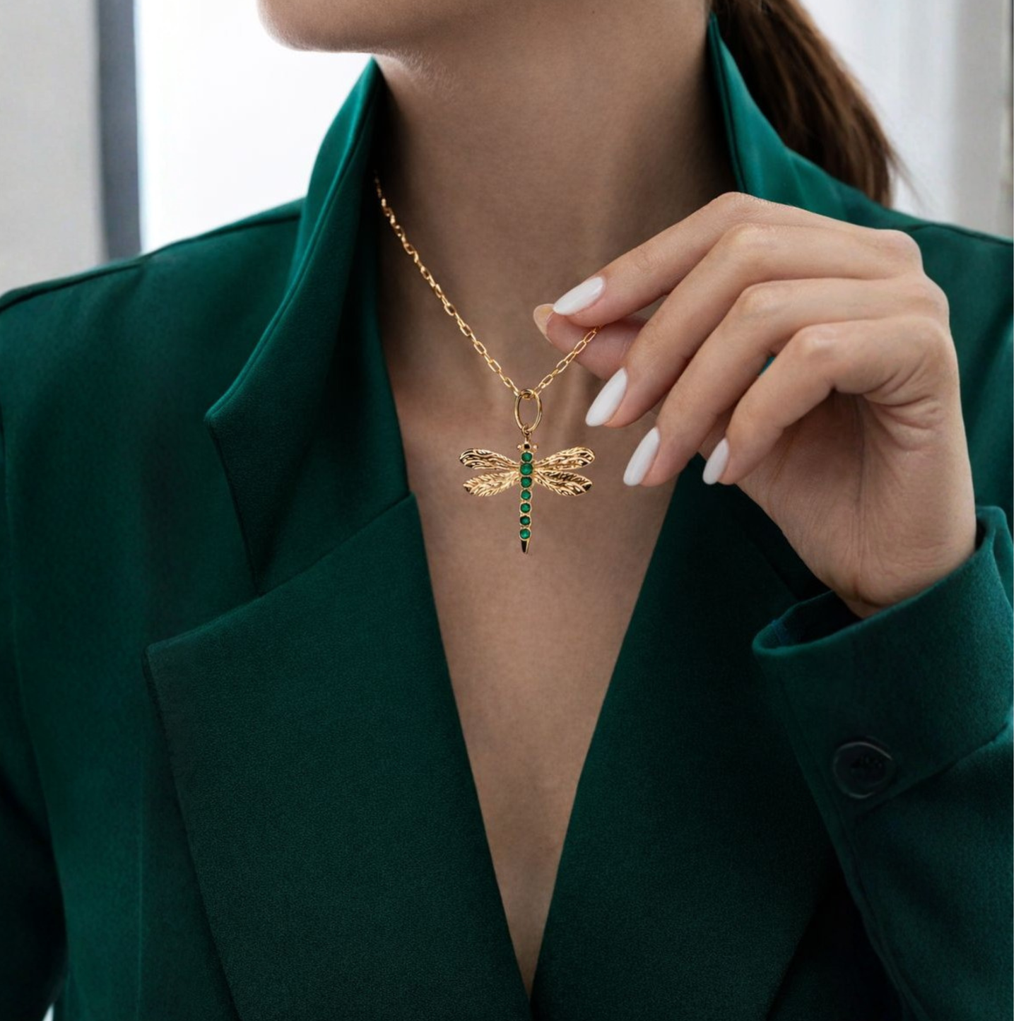Emerald Dragonfly Pendant Necklace
