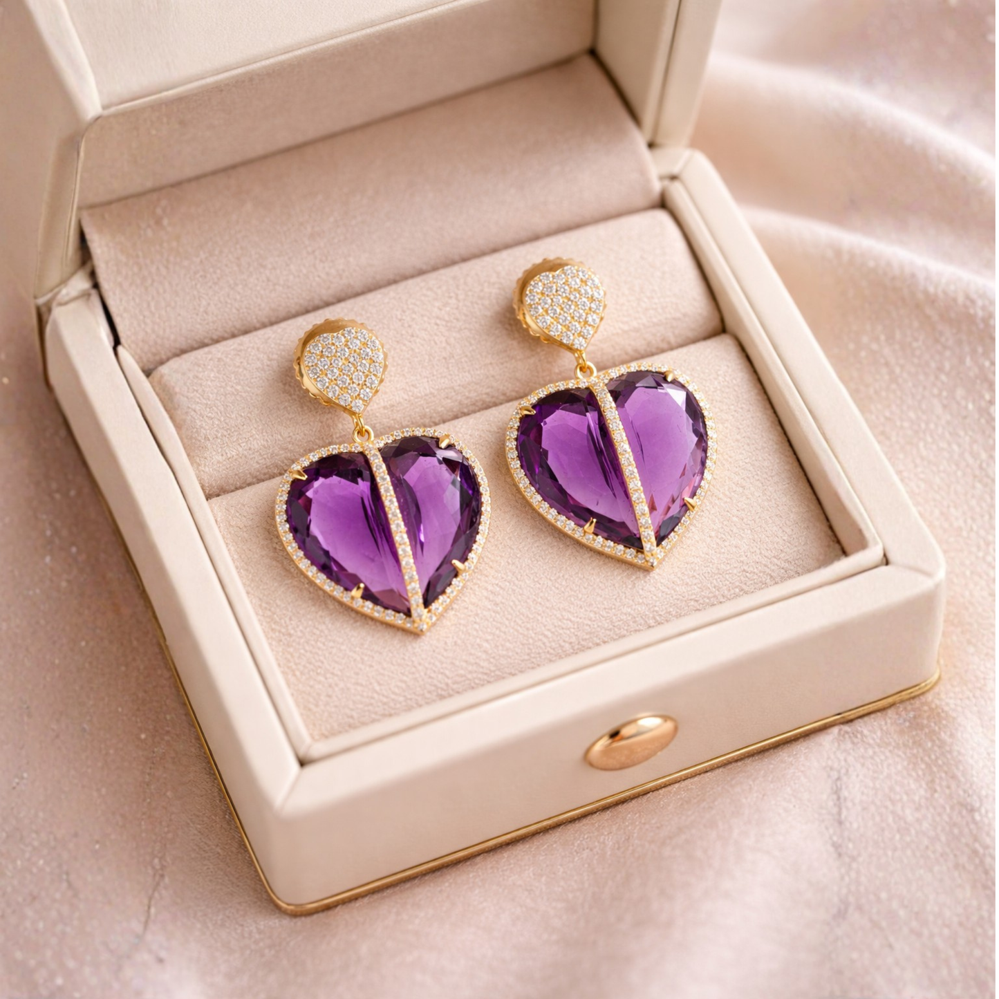 18K Gold Amethyst Heart Earrings