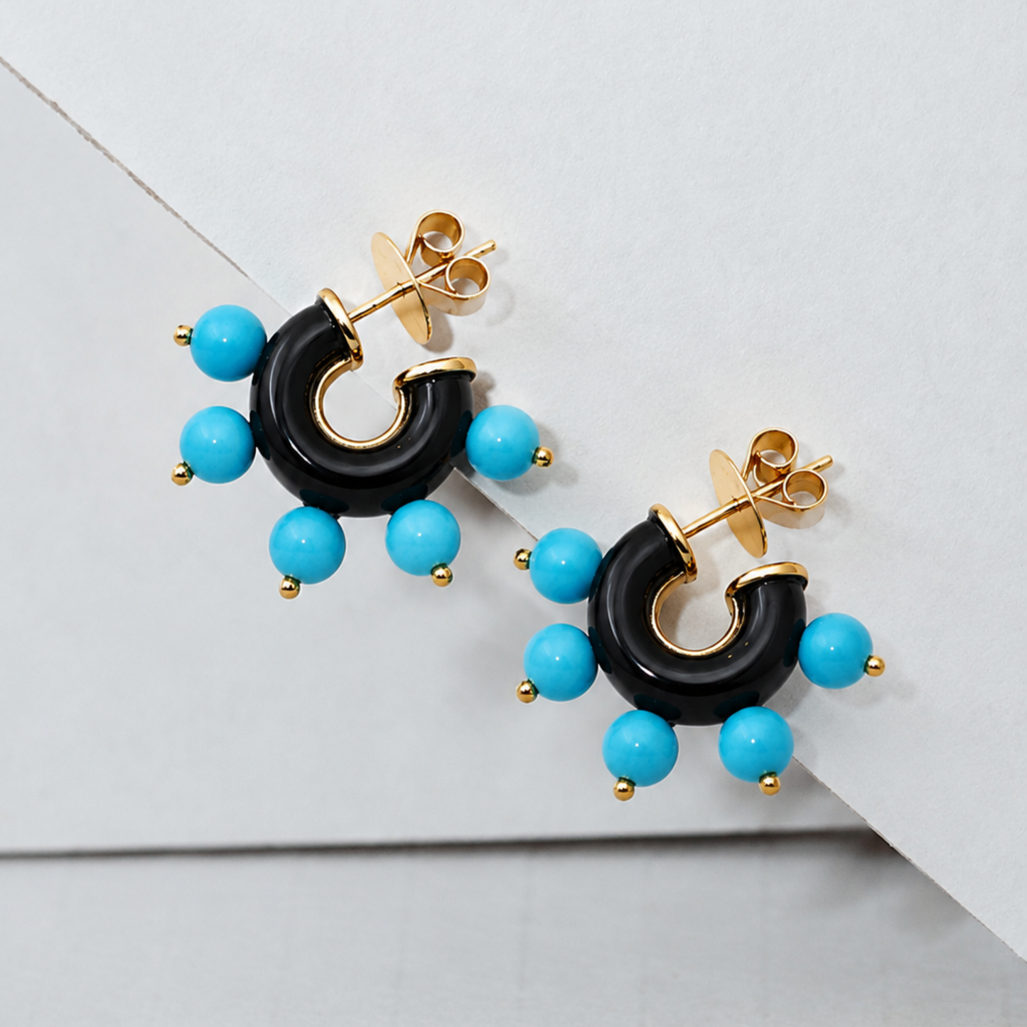 18K Gold Black Onyx & Turquoise Hoop Earrings