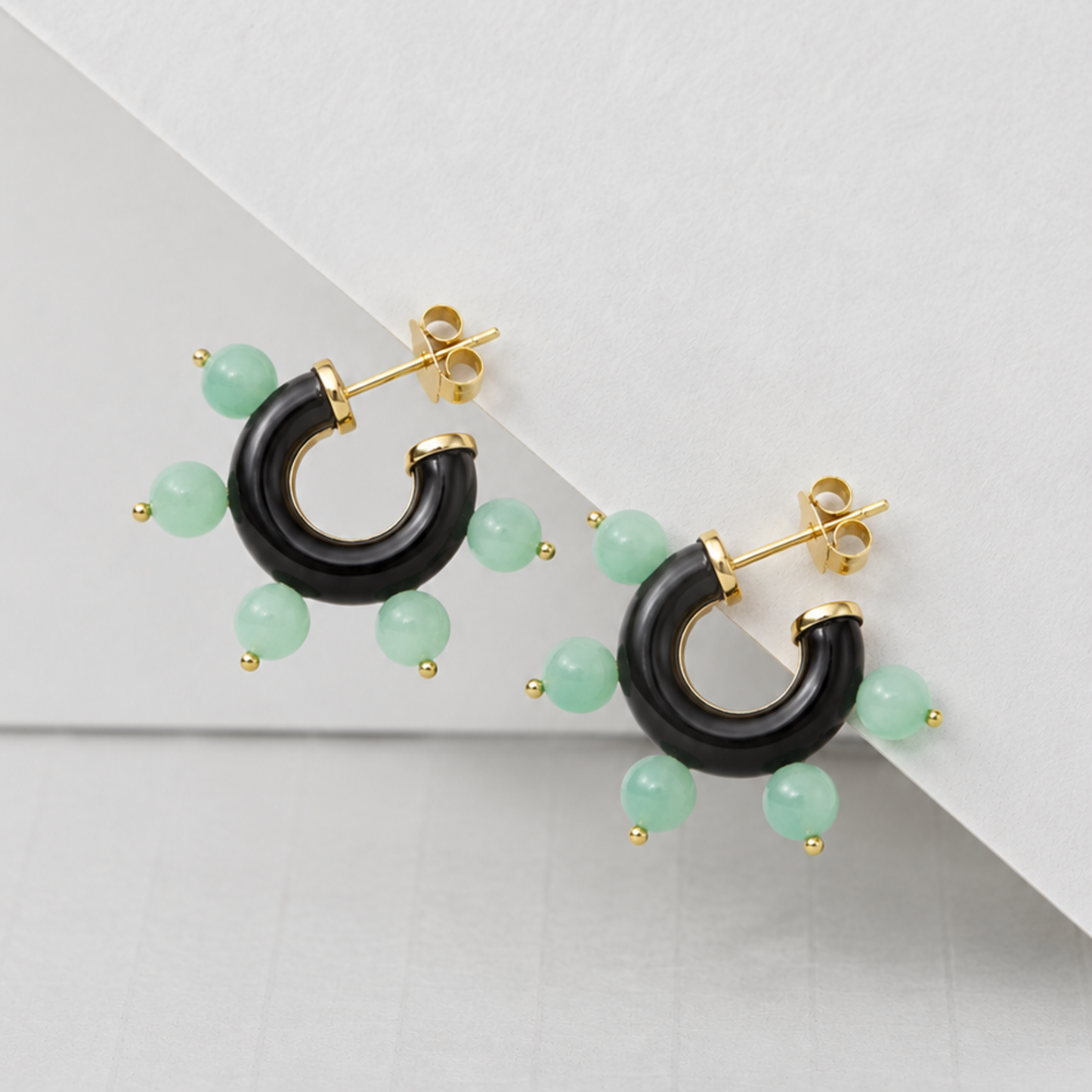 18K Gold Black Onyx & Chrysoprase Hoop Earrings