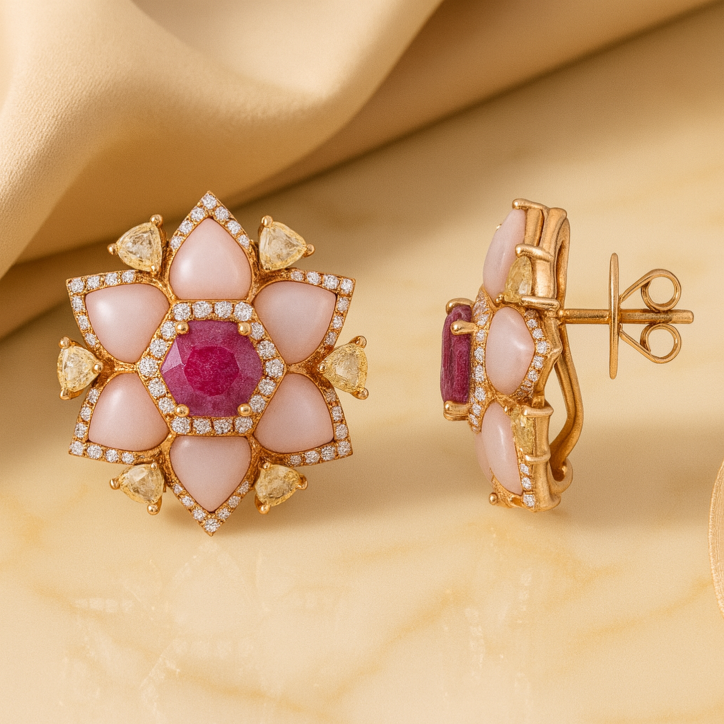 Fleur de Saffron Ruby, MOP & Diamond Studs