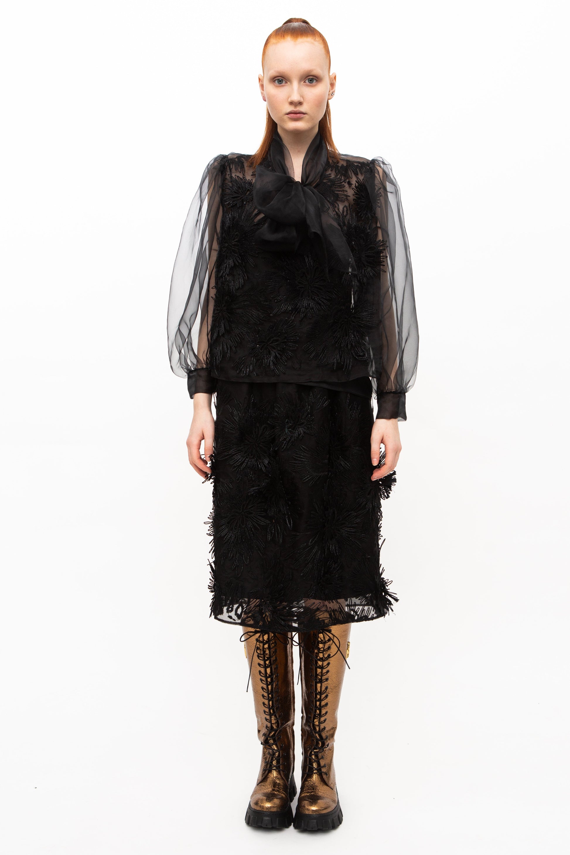 Handmade 3D Skirt Sheer Embroidered Black Unique