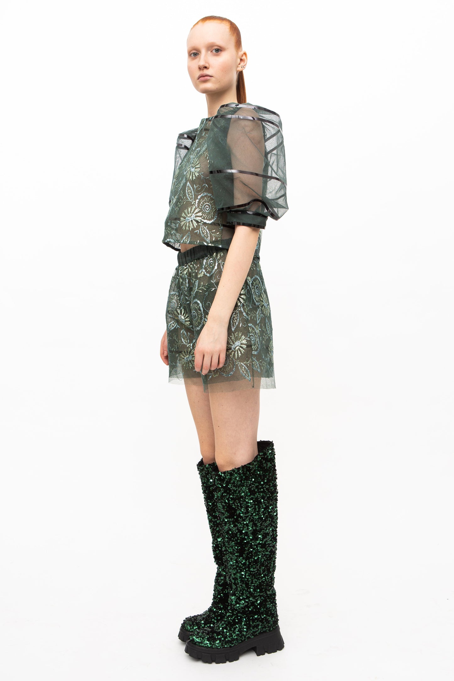 Handmade Boots High Green Sequins