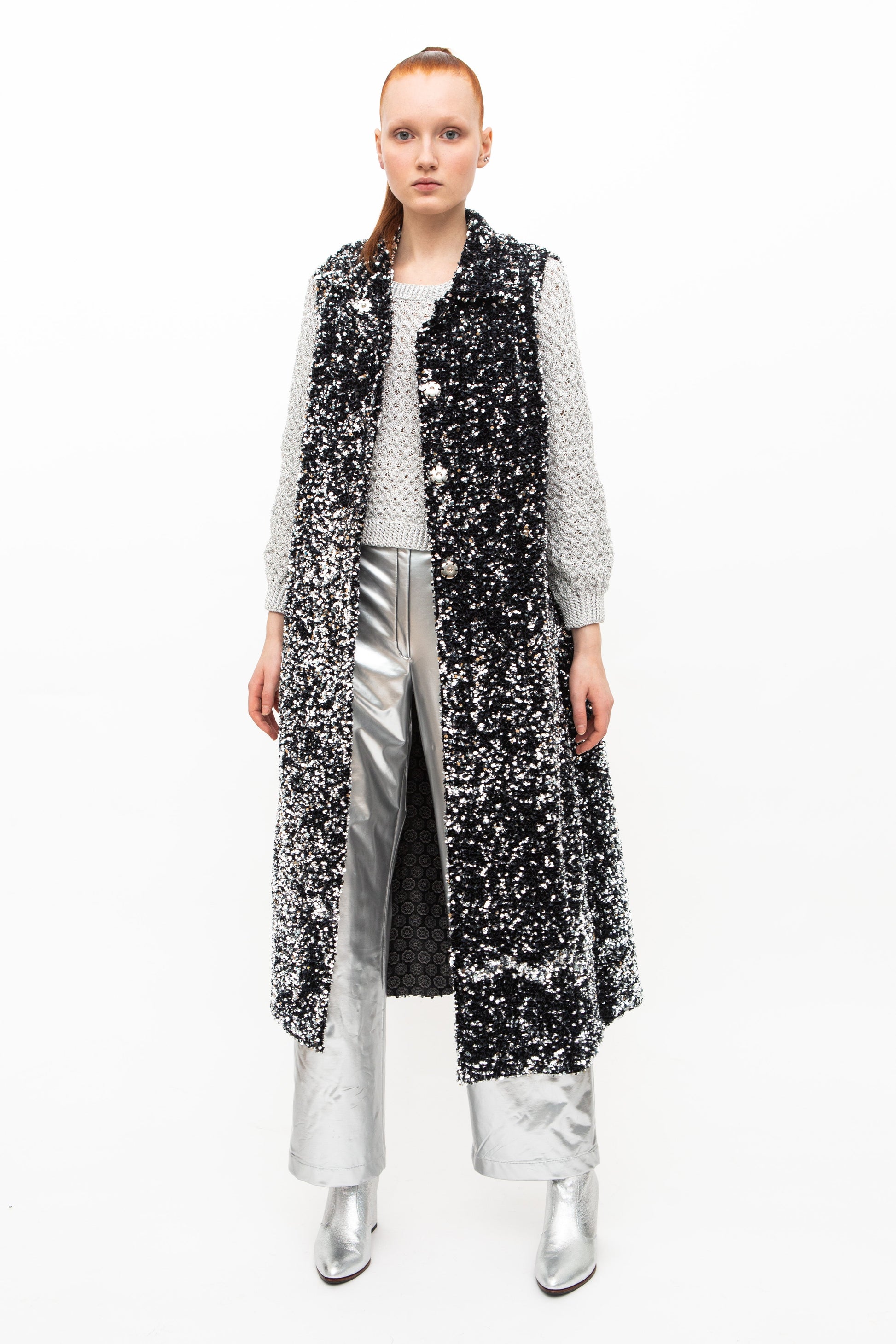 Vest Long Sequins Black Silver