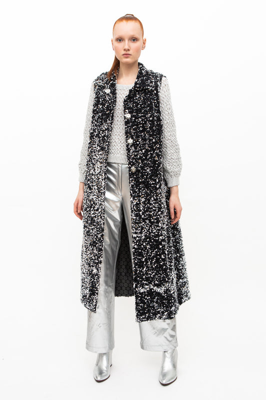 Vest Long Sequins Black Silver