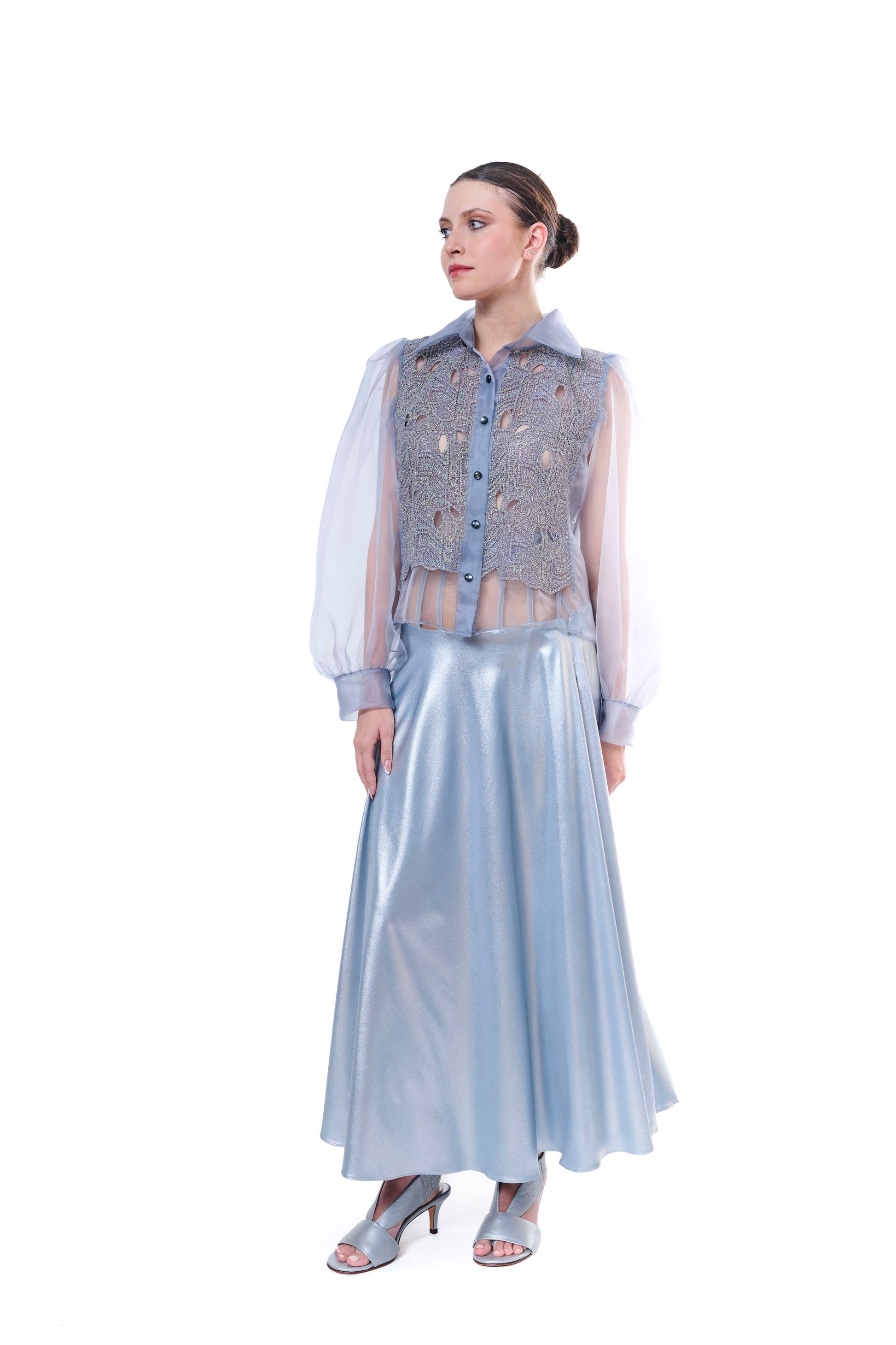 Unique Blouse Embroidered Light Blue Handmade
