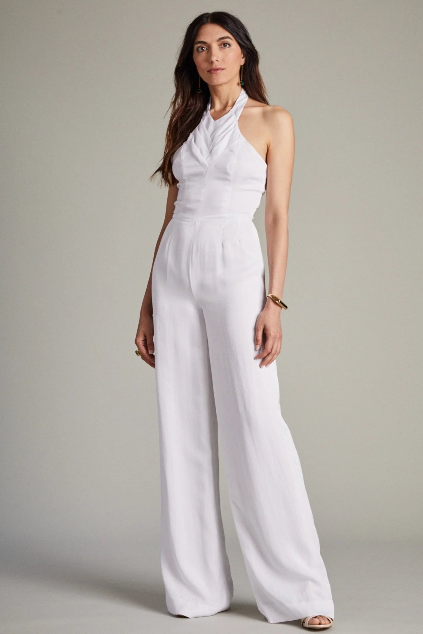 White Formal Jumpsuit with Herringbone Pleat