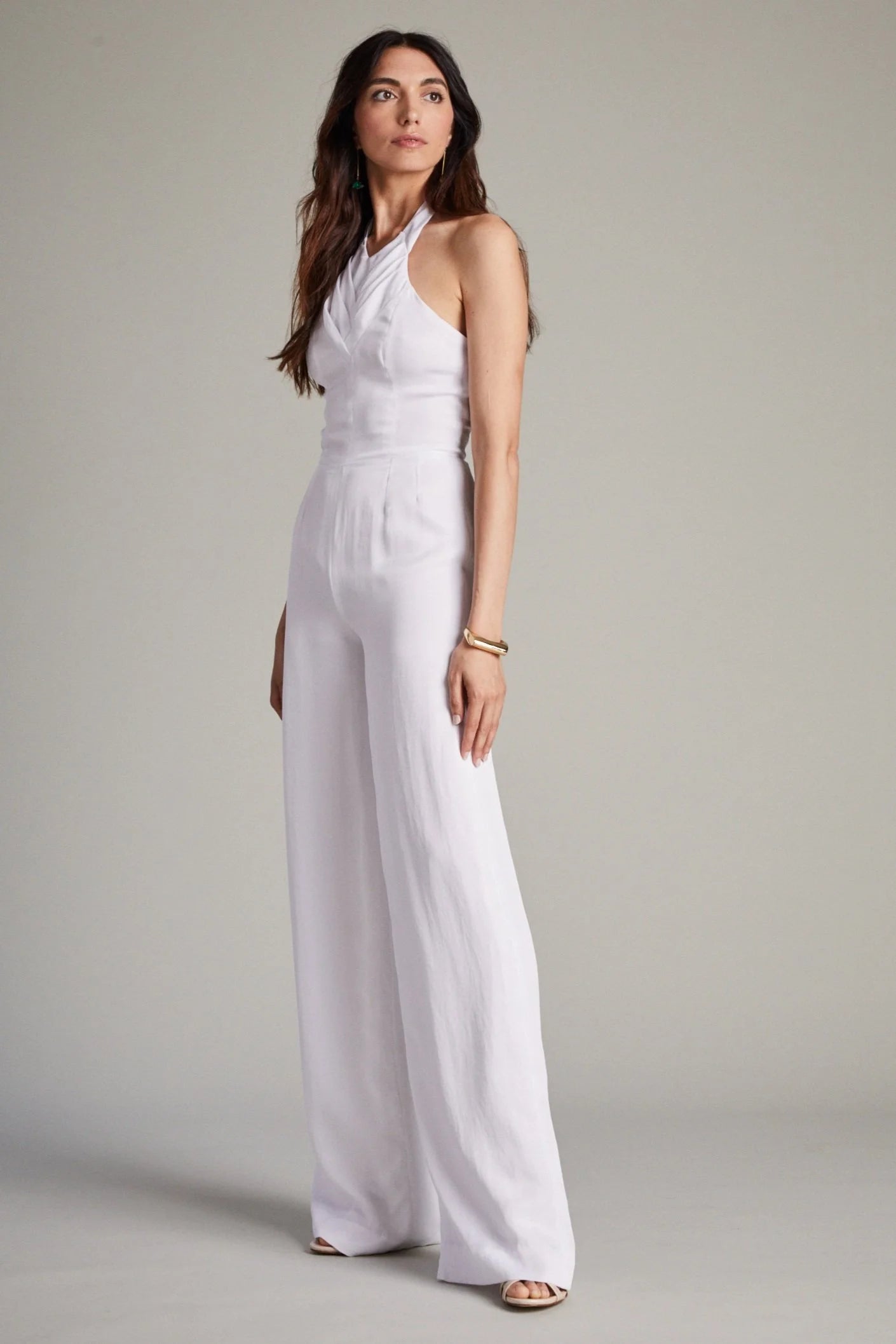 White Formal Jumpsuit with Herringbone Pleat