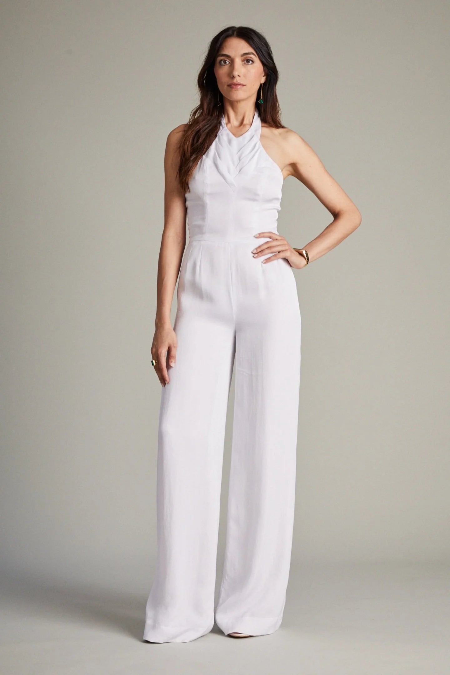 White Formal Jumpsuit with Herringbone Pleat