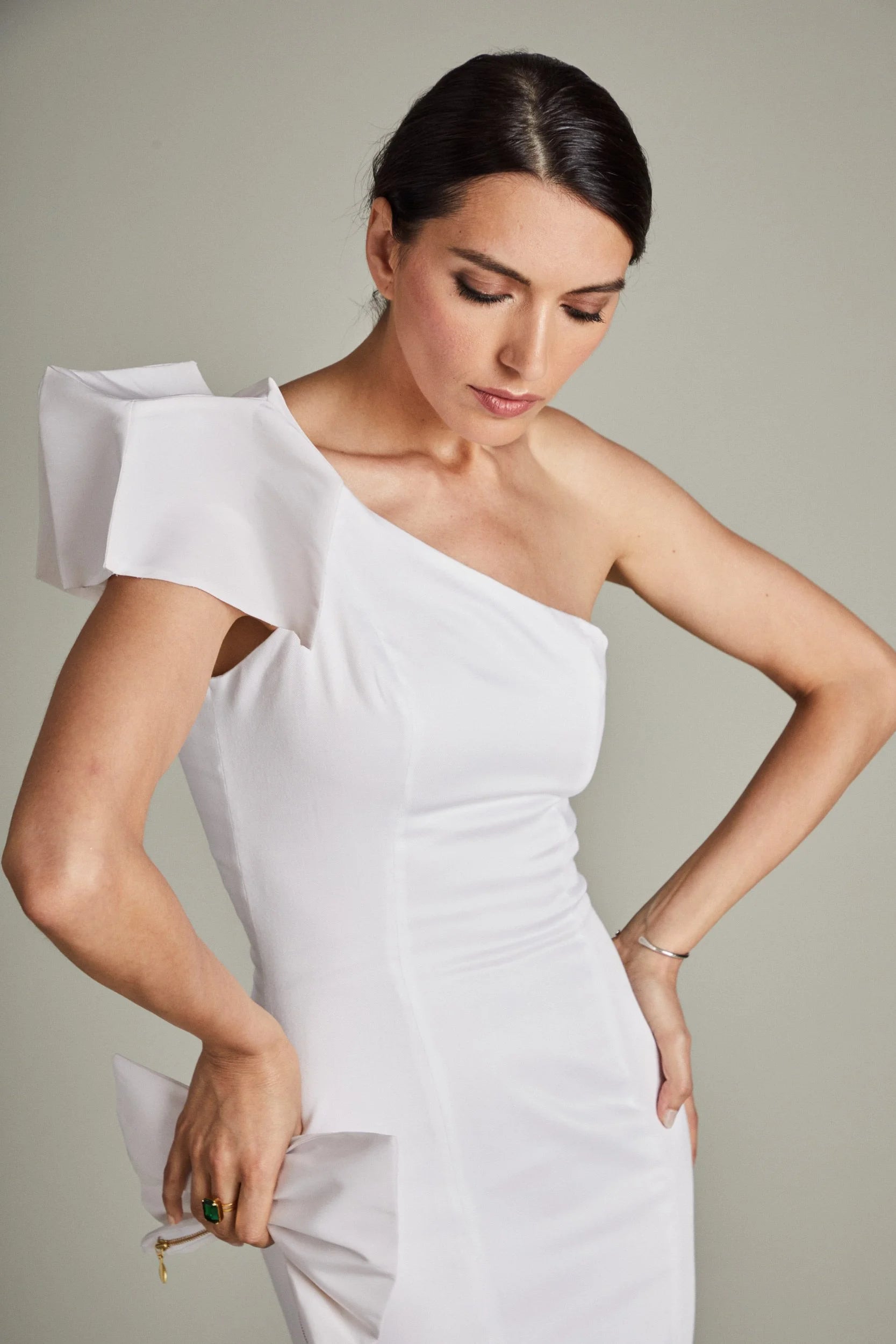 White Cocktail Dress with Origami Sleeve