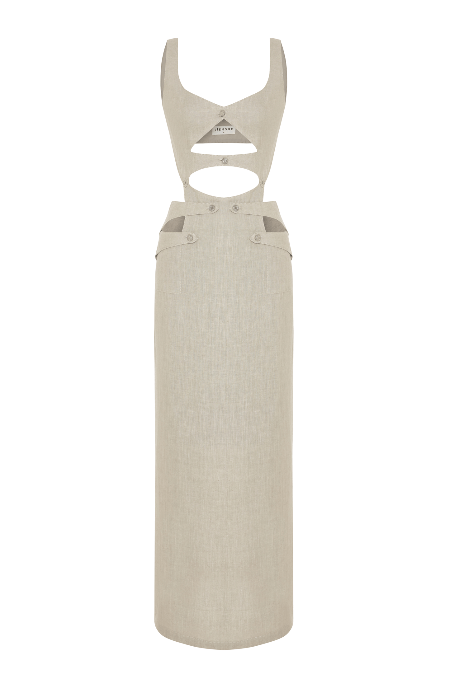 JENDUE Noe Linen Dress - Cut-Out Maxi with Button Detail