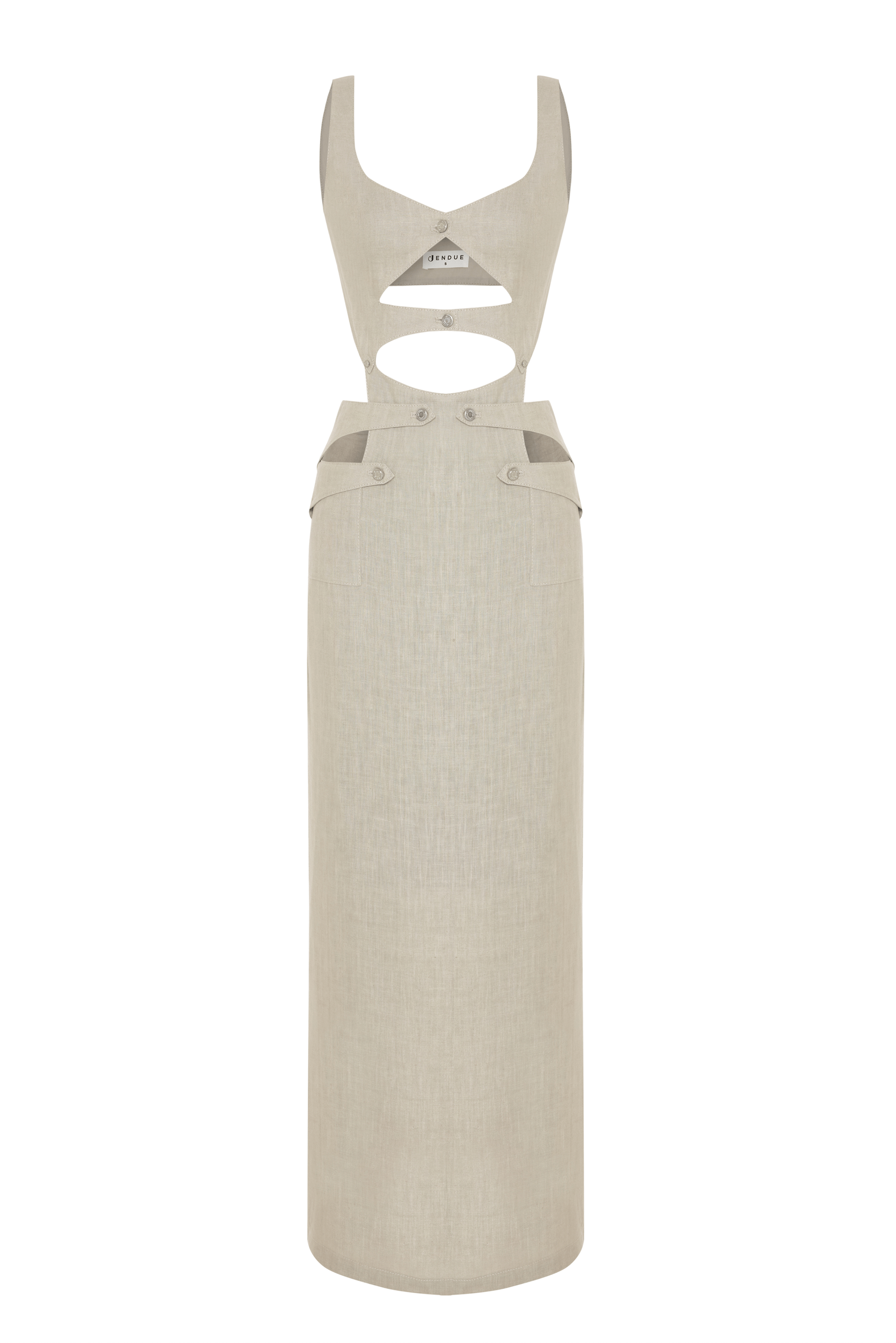 JENDUE Noe Linen Dress - Cut-Out Maxi with Button Detail