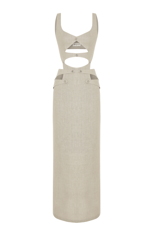 JENDUE Noe Linen Dress - Cut-Out Maxi with Button Detail