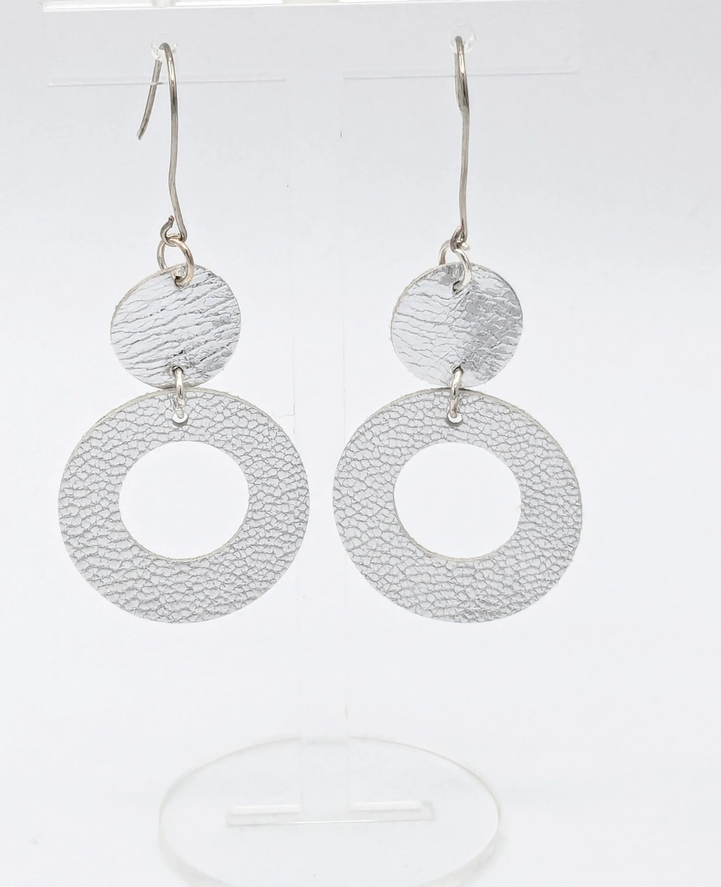 Silver Circles Series: One-of-a-Kind Dual-Texture Italian Leather Earrings