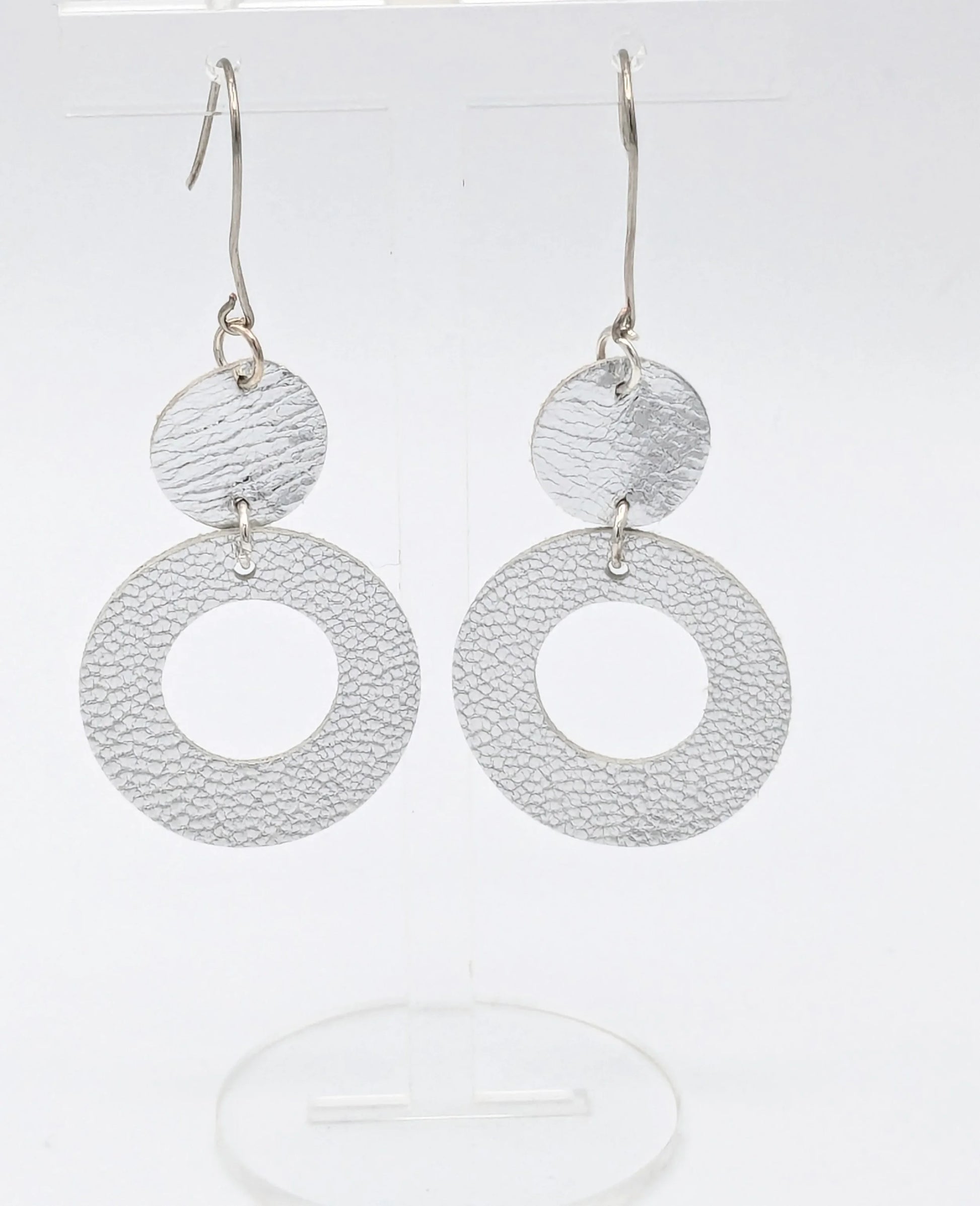 Silver Circles Series: One-of-a-Kind Dual-Texture Italian Leather Earrings