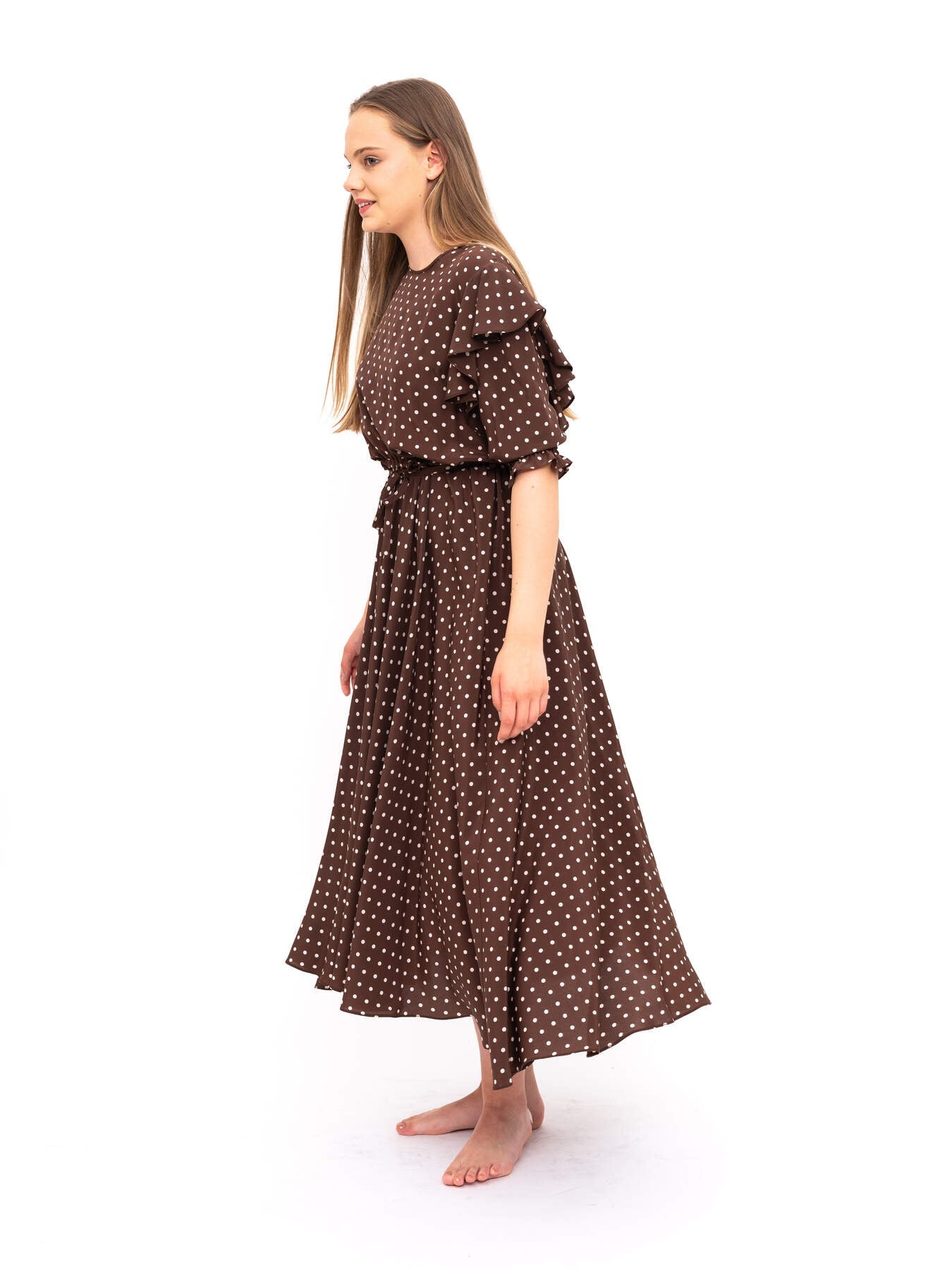 Dress Brown Polka Dots Pure Silk