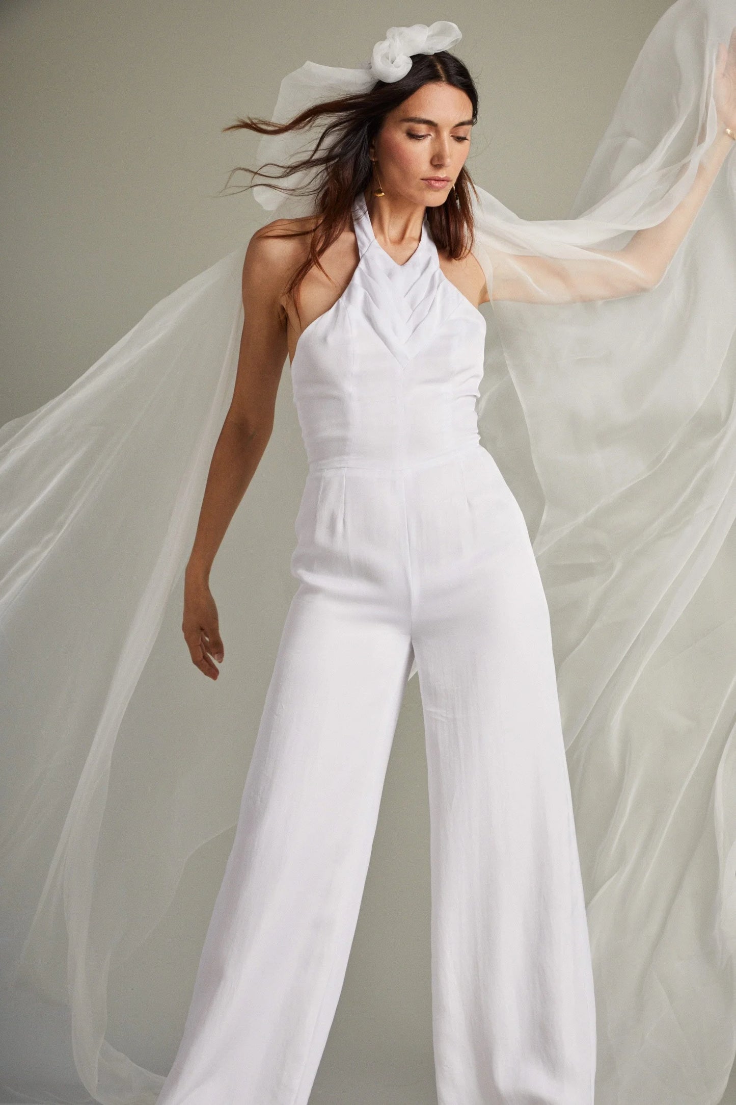 White Formal Jumpsuit with Herringbone Pleat