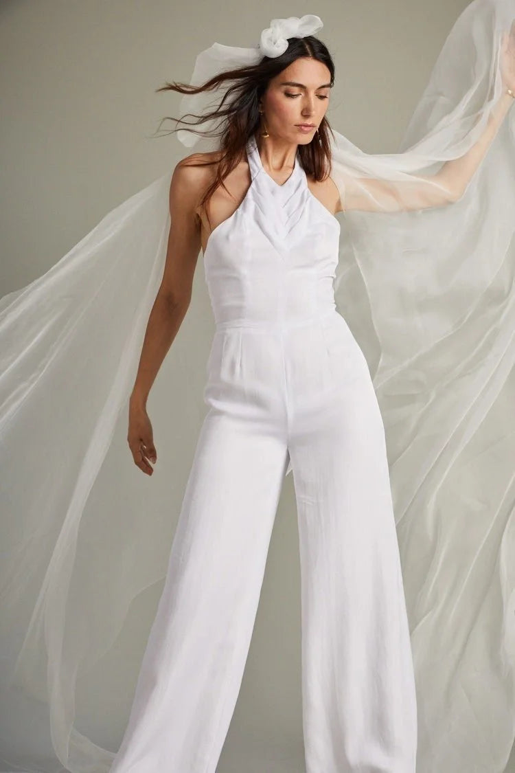 White Formal Jumpsuit with Herringbone Pleat