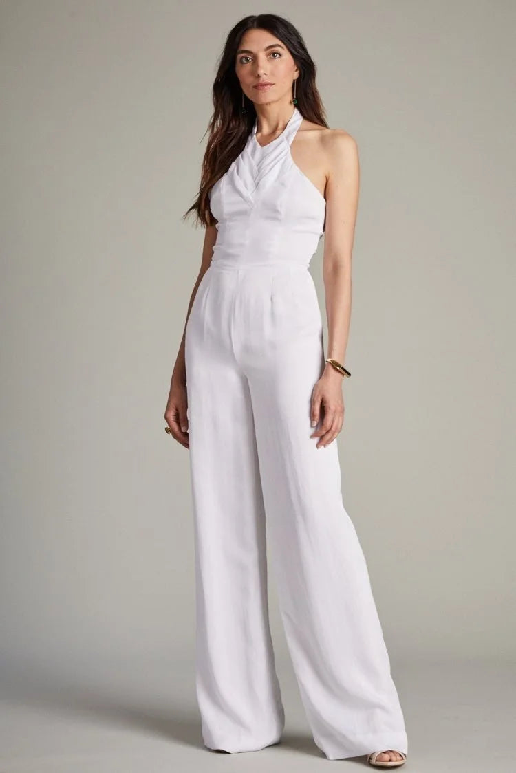 White Formal Jumpsuit with Herringbone Pleat