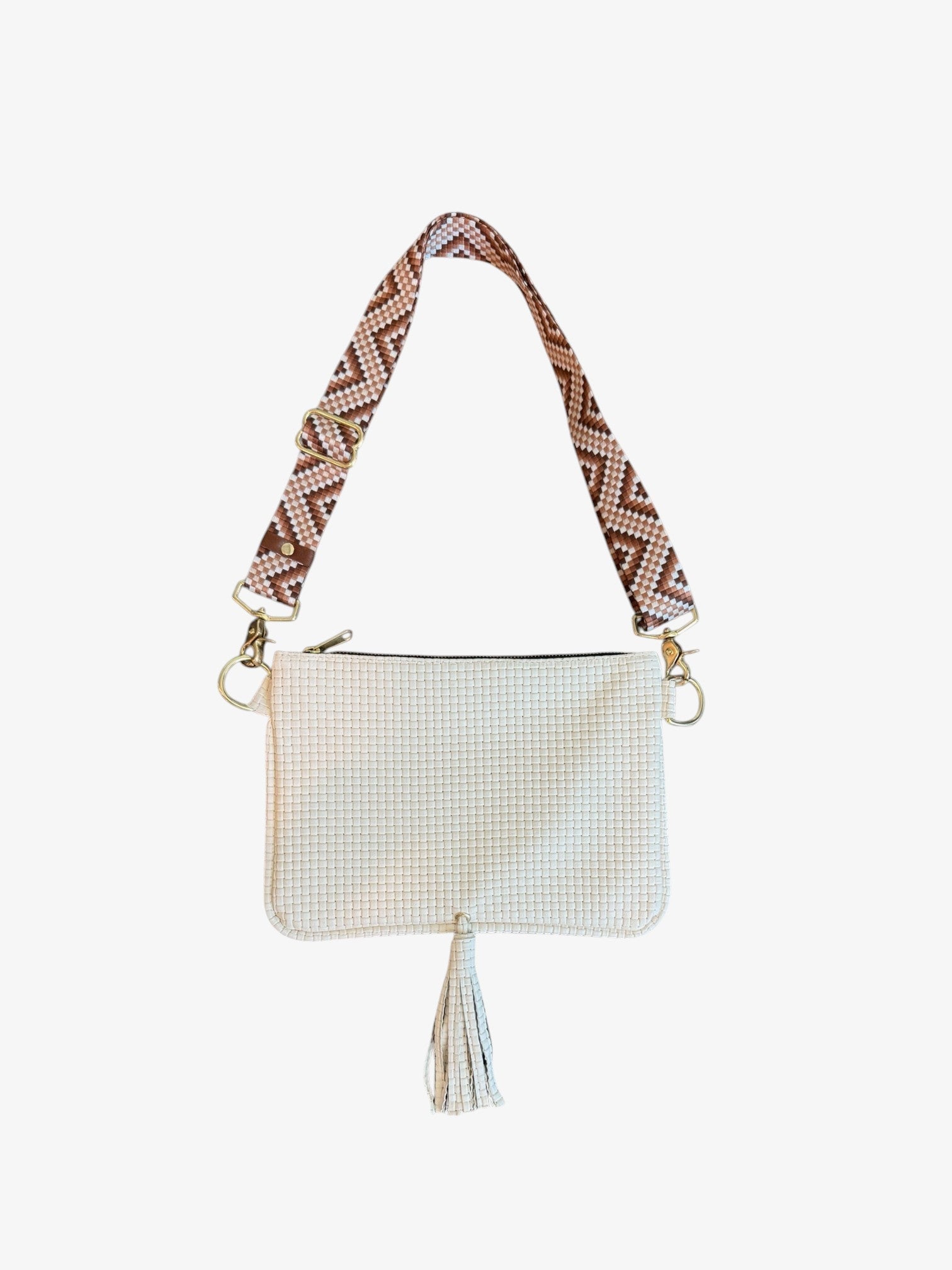 Alice Crossbody Bag, White Embossed Cream/Tassel