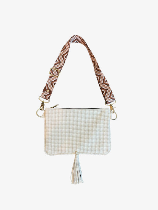 Alice Crossbody Bag, White Embossed Cream/Tassel